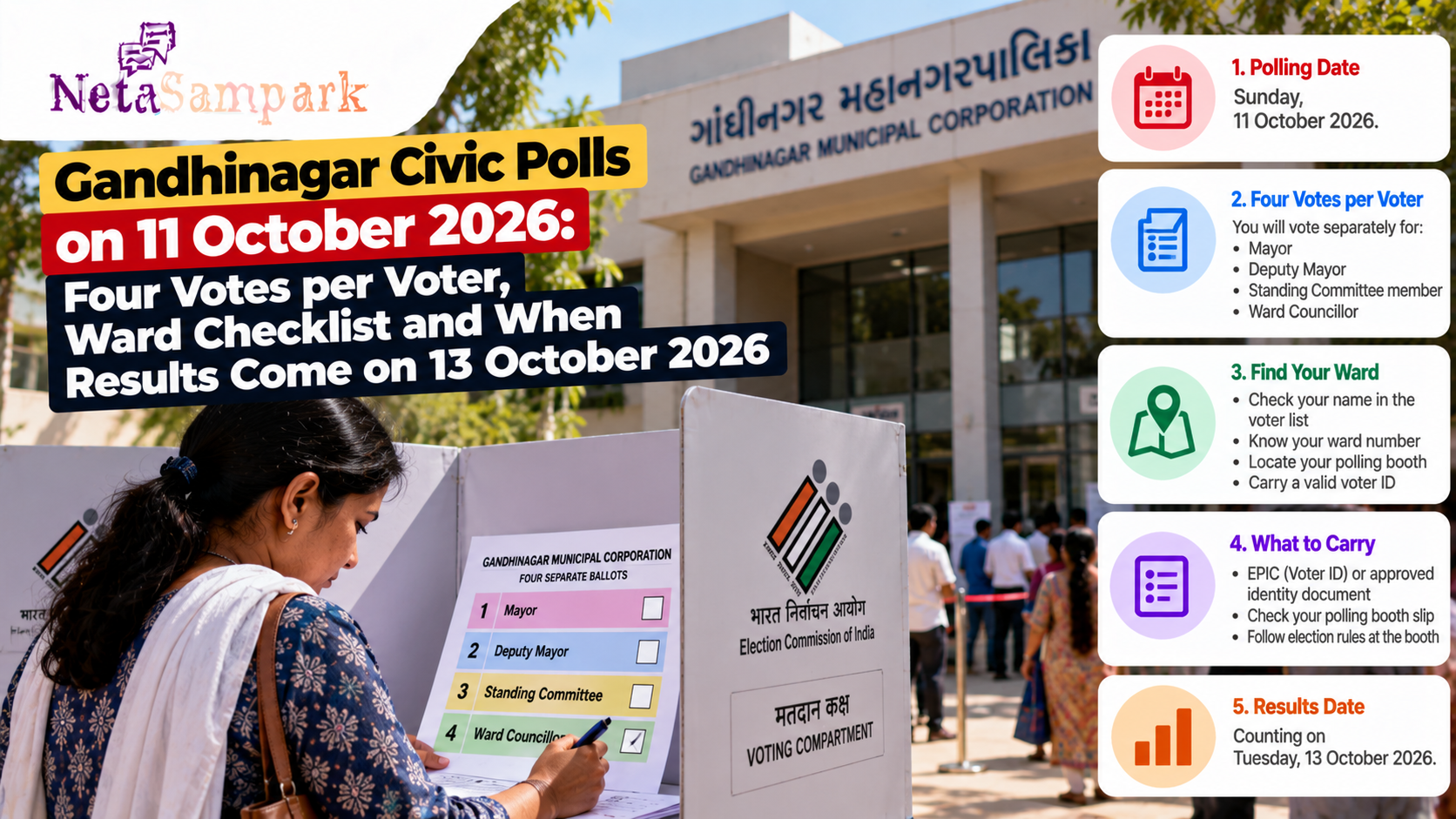 Gandhinagar Civic Polls on 11 October 2026: Four Votes per Voter, Ward Checklist and When Results Come on 13 October 2026