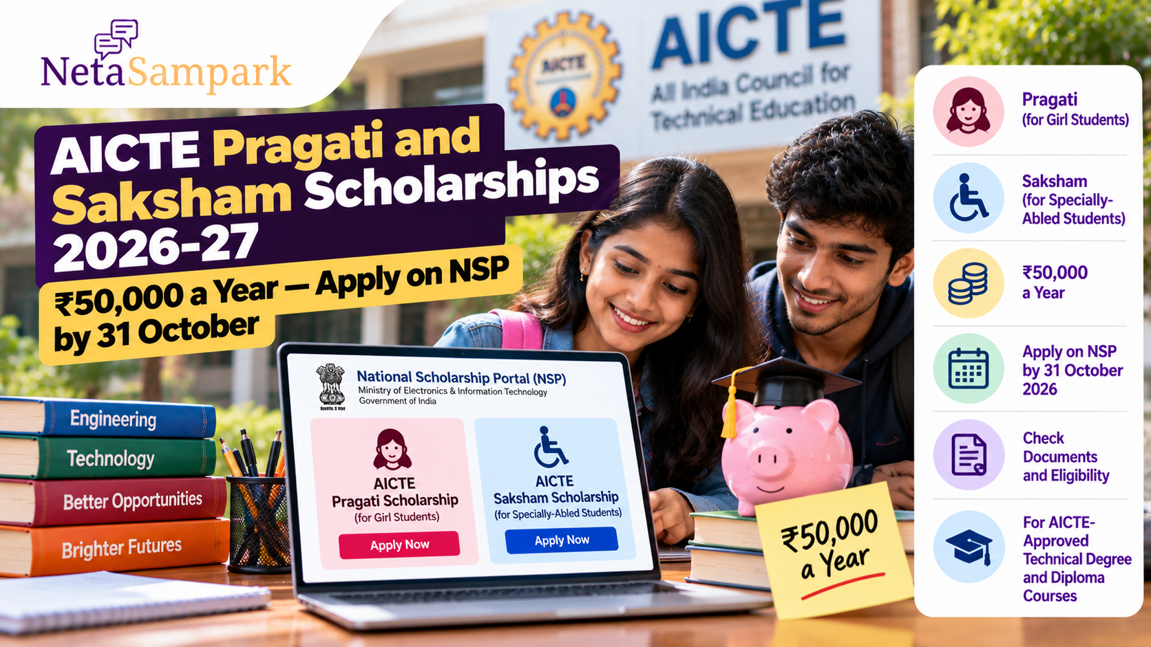 AICTE Pragati and Saksham Scholarships 2026-27: ₹50,000 a Year — Apply on NSP by 31 October