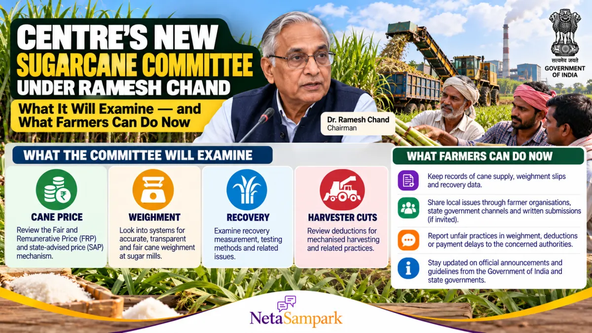 Centre’s New Sugarcane Committee Under Ramesh Chand: What It Will Examine — Cane Price, Weighment, Recovery and Harvester Cuts — and What Farmers Can Do Now