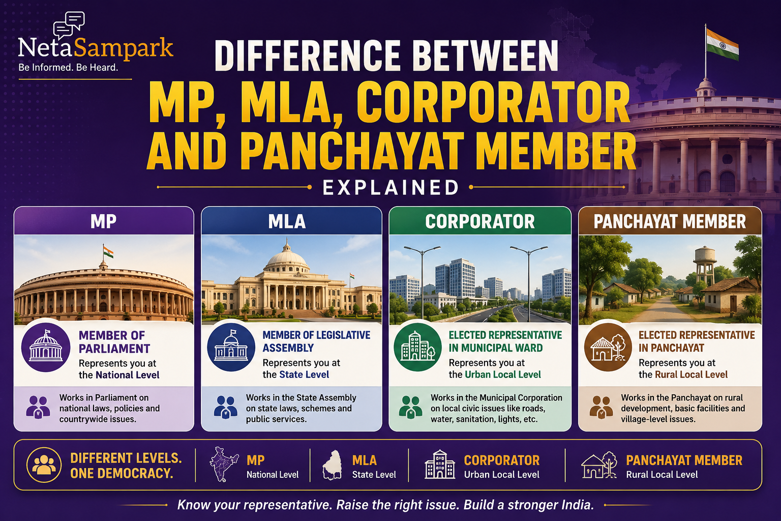 Difference Between MP, MLA, Corporator and Panchayat Member — Explained