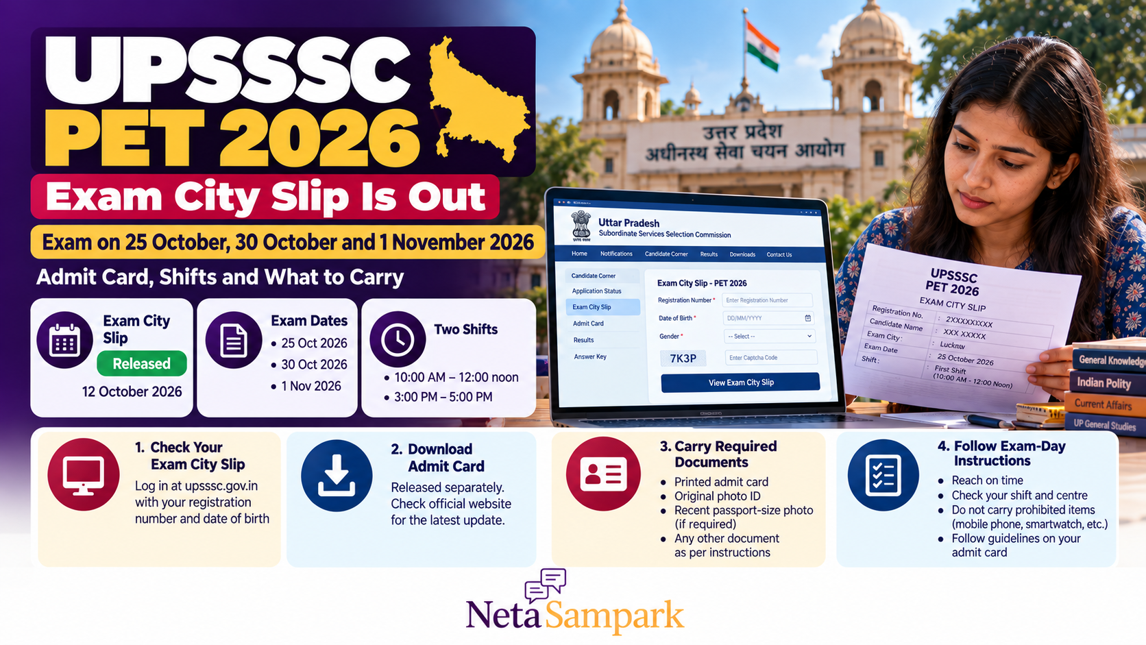 UPSSSC PET 2026: Exam City Slip Is Out — Exam on 25 October 2026, 30 October 2026 and 1 November 2026; Admit Card, Shifts and What to Carry