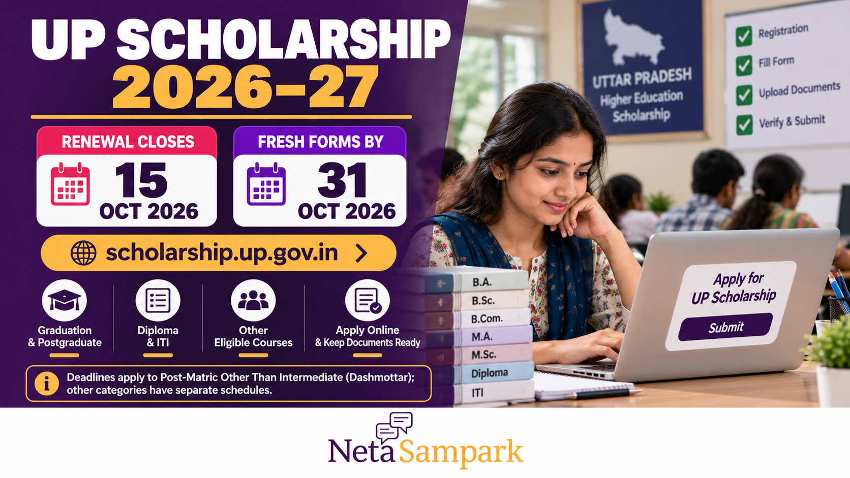 UP Scholarship 2026-27: Renewal Closes 15 October 2026, Fresh Forms by 31 October 2026 — How to Apply on scholarship.up.gov.in