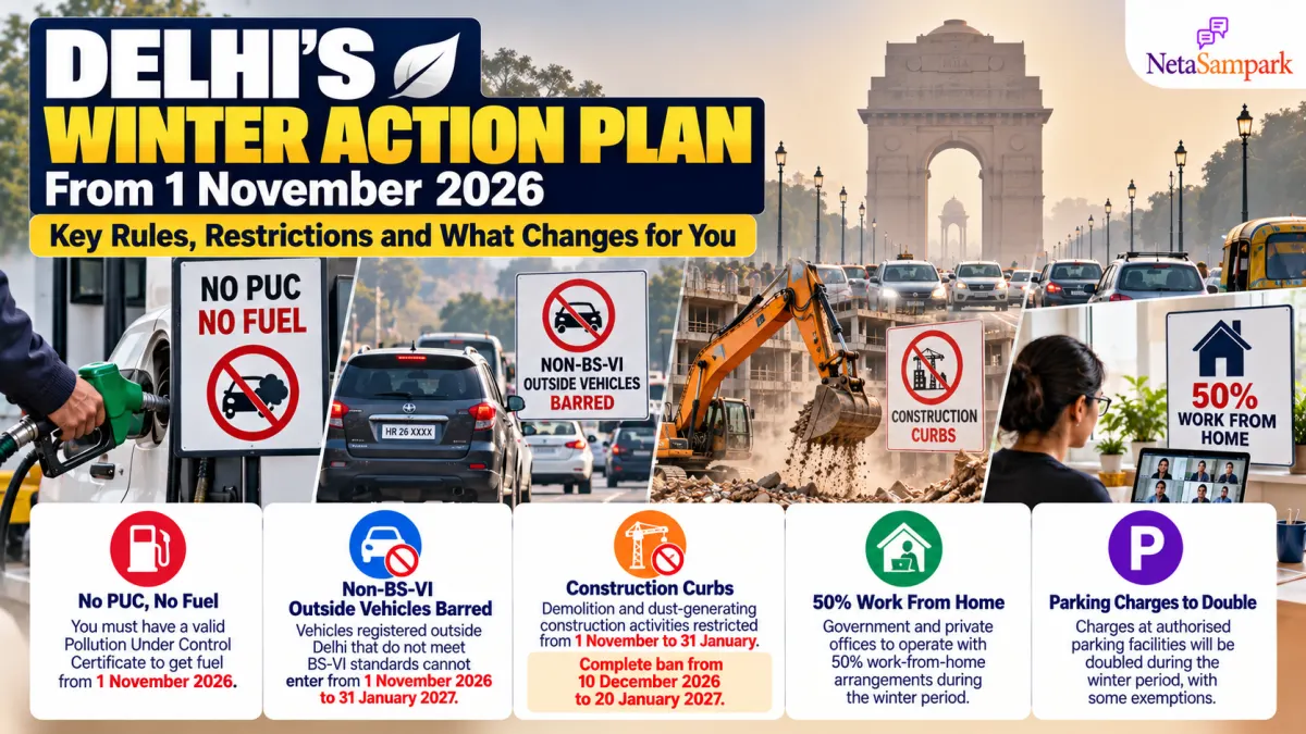 Delhi’s Winter Action Plan From 1 November 2026: No Fuel Without PUC, Non-BS-VI Outside Vehicles Barred, Construction Curbs and 50% Work From Home — What Changes for You