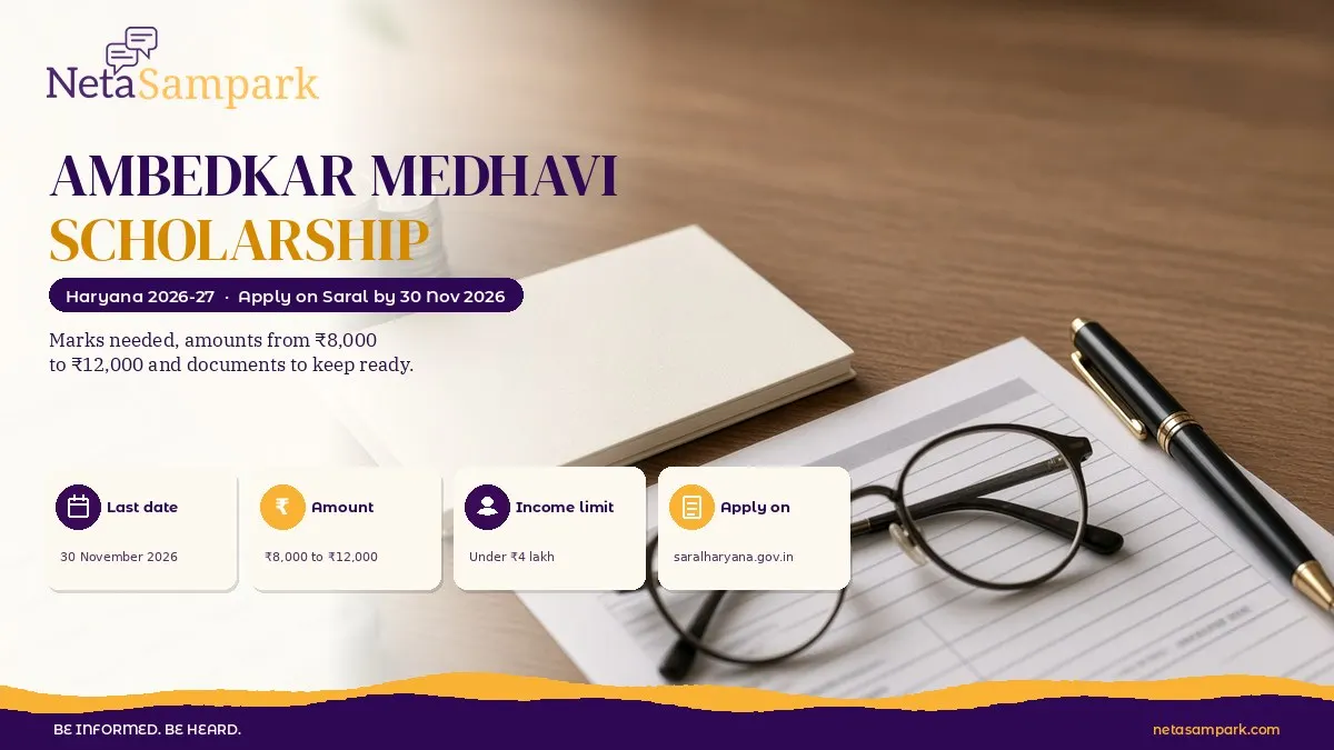 Haryana Dr. B.R. Ambedkar Medhavi Chhatra Yojana 2026-27: Apply on Saral by 30 November 2026, Marks Needed, ₹8,000 to ₹12,000 Amounts and Documents