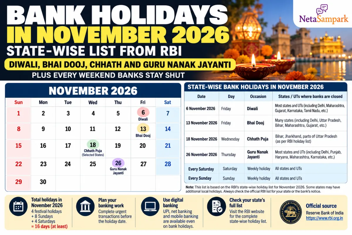 Bank Holidays in November 2026: State-Wise List From RBI for Diwali, Bhai Dooj, Chhath and Guru Nanak Jayanti — Plus Every Weekend Banks Stay Shut