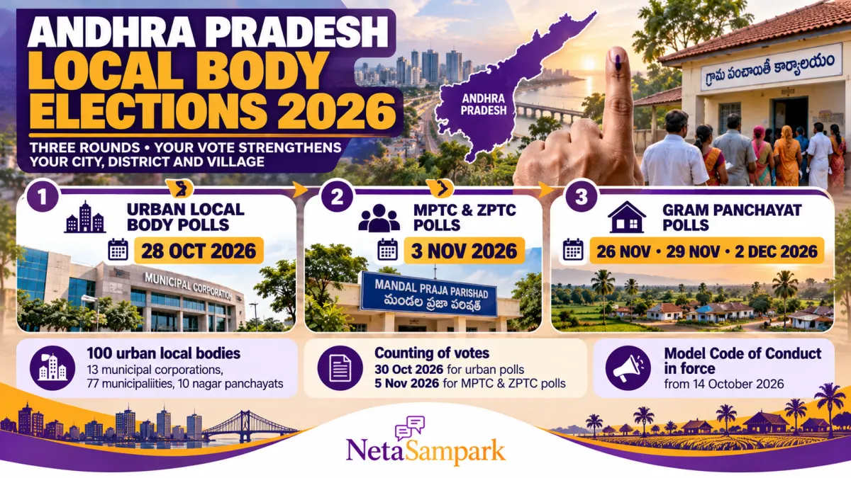 Andhra Pradesh Local Body Elections 2026: How the Three Rounds Work — Municipal Polls on 28 October 2026, MPTC and ZPTC on 3 November 2026, Panchayats by 2 December 2026