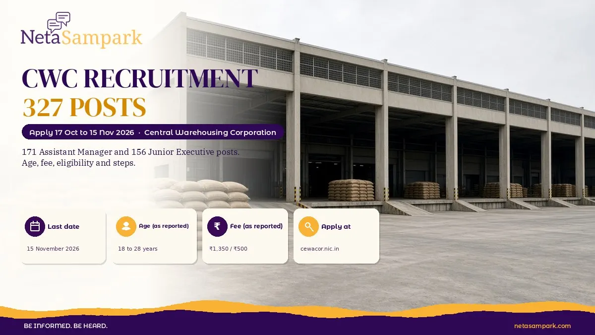 CWC Recruitment 2026: 327 Assistant Manager and Junior Executive Posts, Apply by 15 November 2026, Age, Fee and Steps
