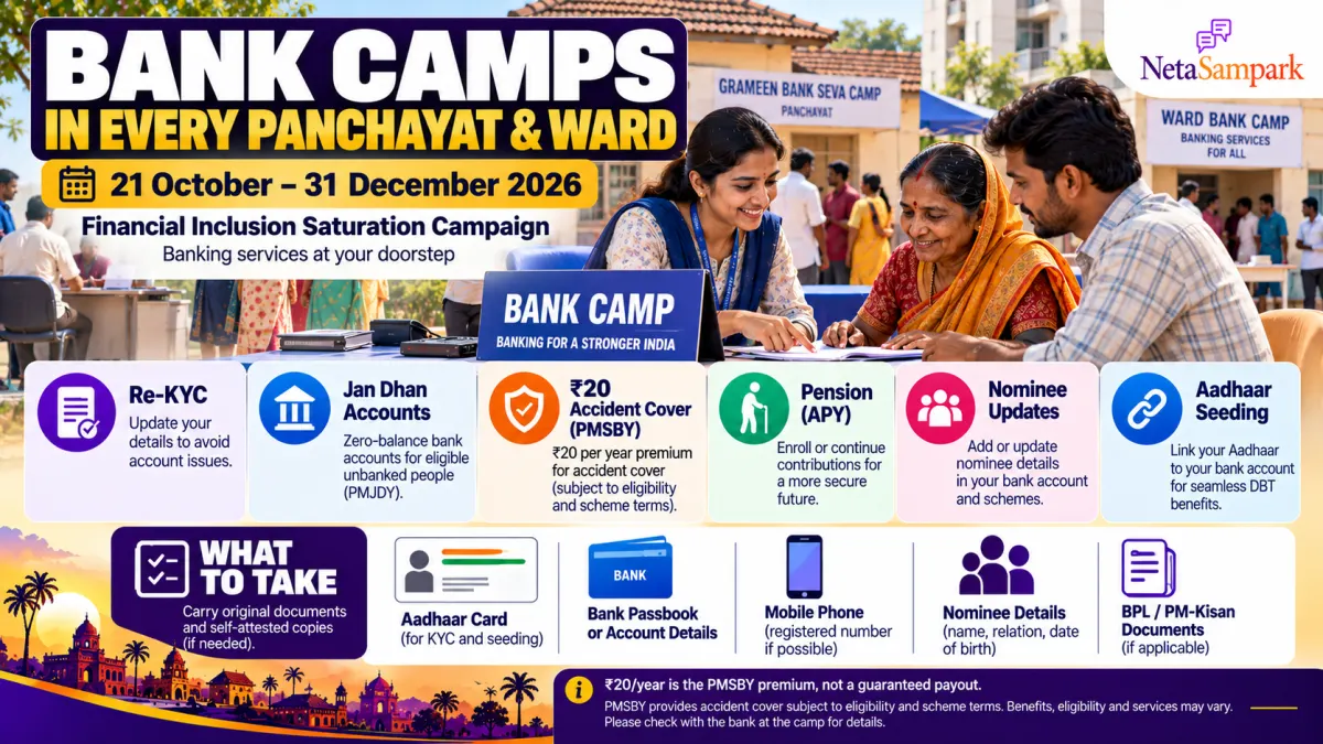 Bank Camps in Every Panchayat and Ward From 21 October 2026 to 31 December 2026: Re-KYC, Jan Dhan Accounts, ₹20 Accident Cover, Pension and Nominee Updates — What to Take