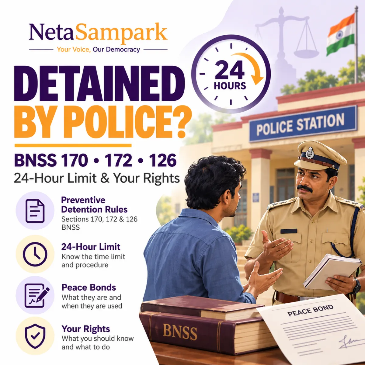 Detained by Police to “Prevent” Trouble? Sections 170, 172 and 126 BNSS Explained — the 24-Hour Limit, Peace Bonds and Your Rights