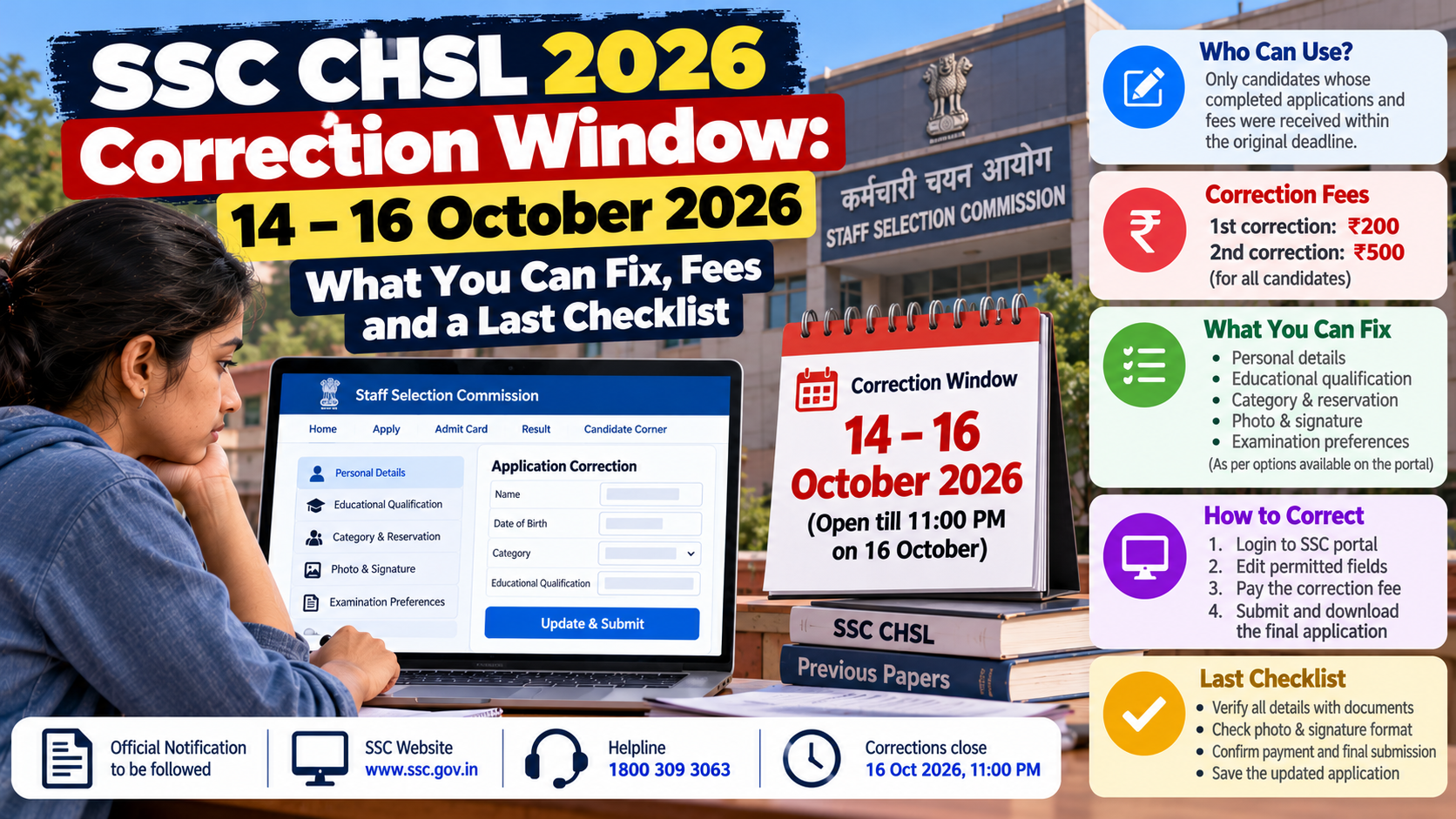 SSC CHSL 2026 Correction Window: 14–16 October 2026 — What You Can Fix, Fees and a Last Checklist