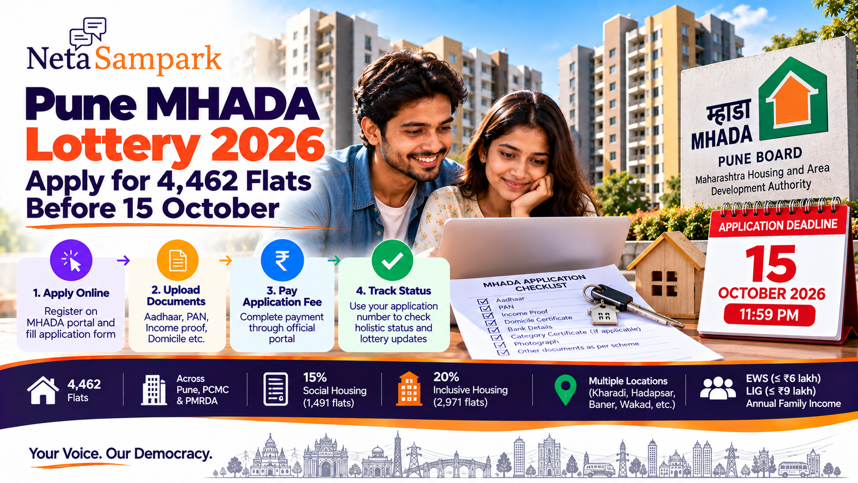 Pune MHADA Lottery 2026: Apply for 4,462 Flats Before 15 October