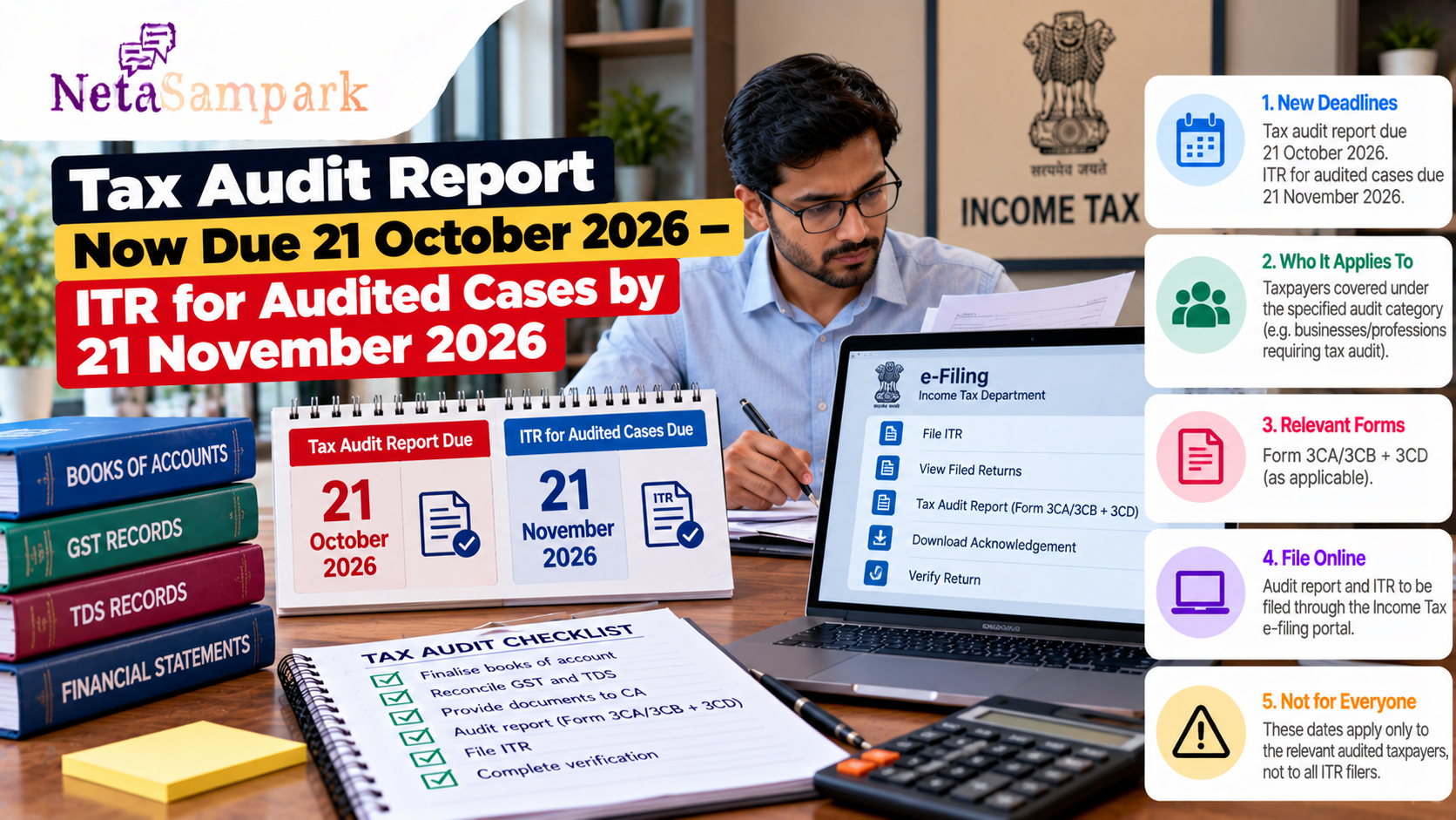 Tax Audit Report Now Due 21 October 2026 — ITR for Audited Cases by 21 November 2026